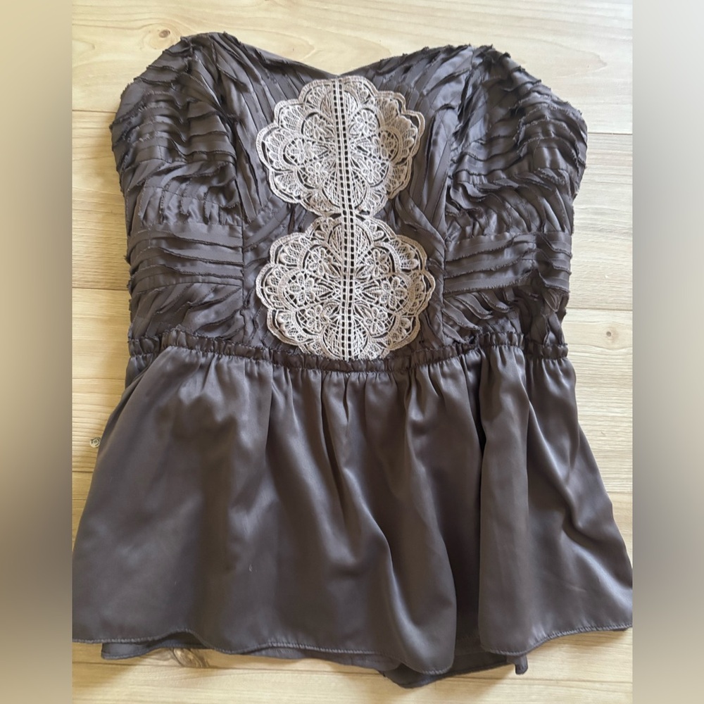 Elegant Brown Strapless Corset Top with Lace Detail / Next